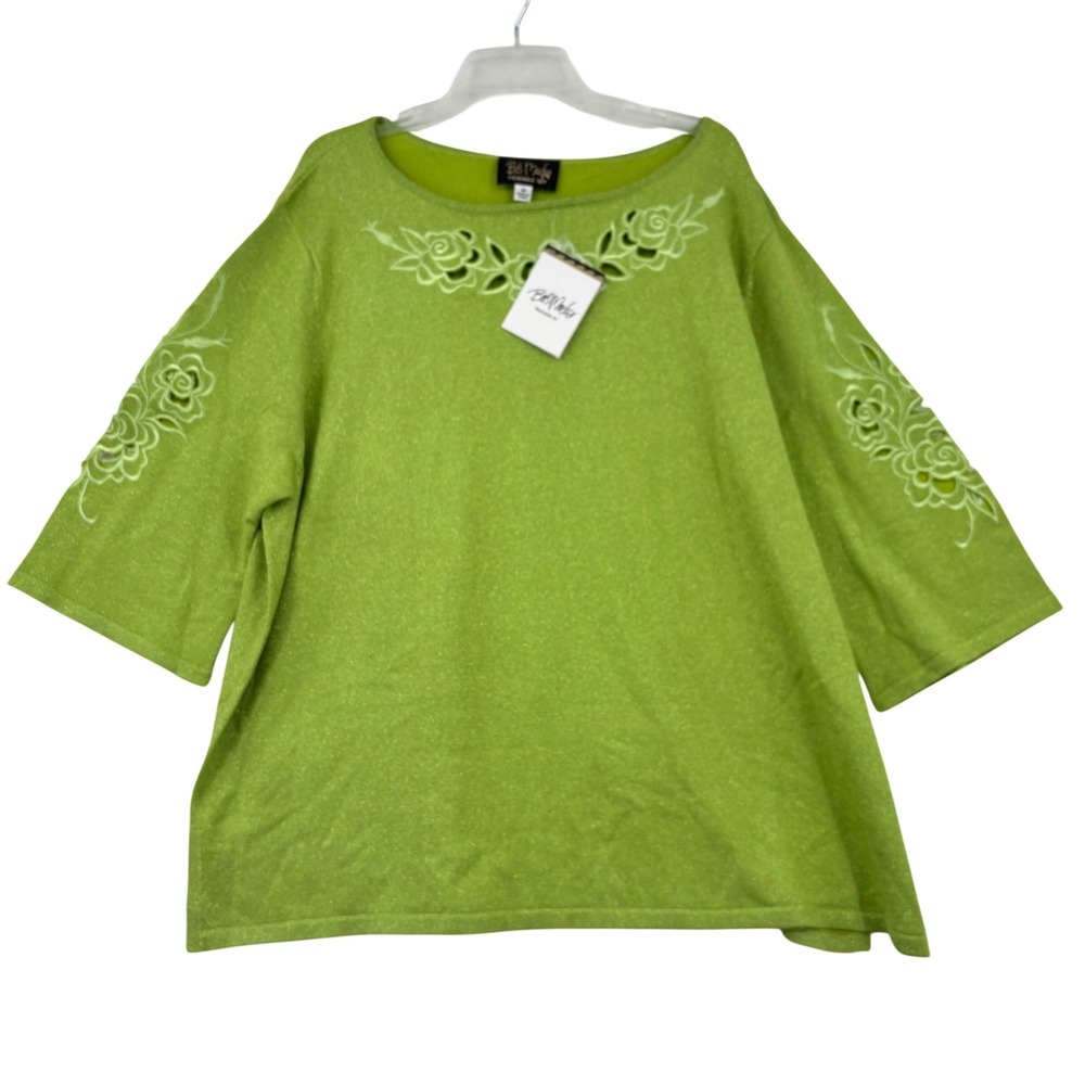 Bob Mackie Wearable Art Knit Top Womens 3X Lime Green Metallic Floral Cutout